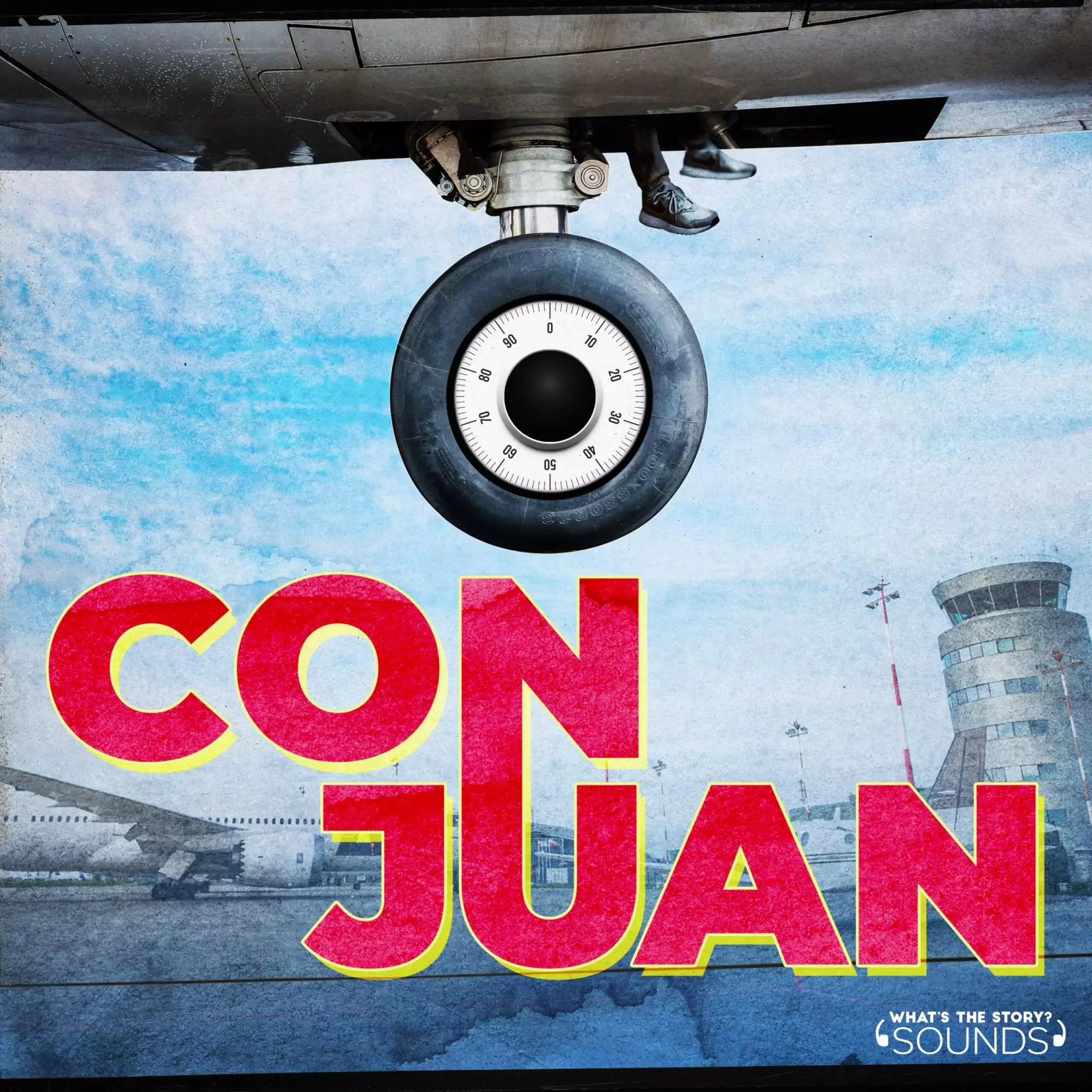 Con_Juan_square 1 an aeroplane coming in to land with the feet of a stowaway visible and the con juan show graphic