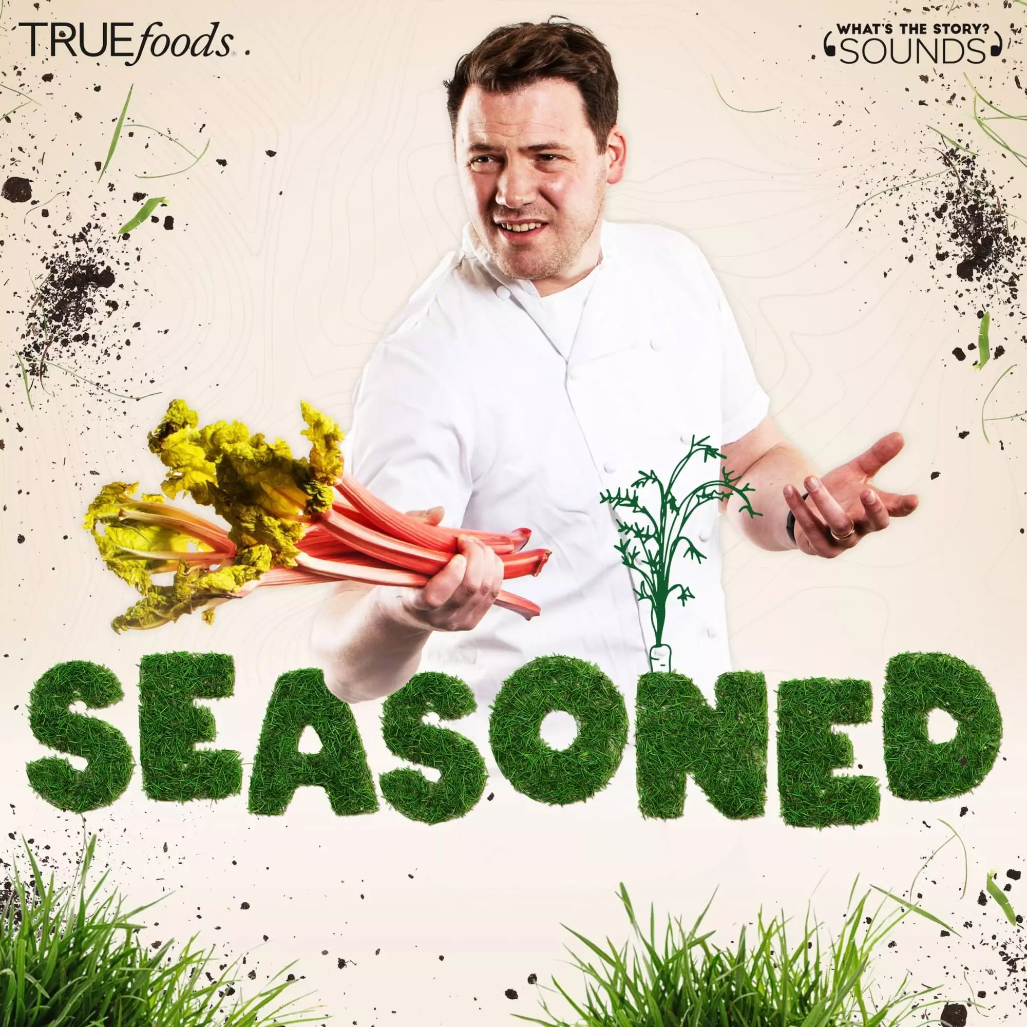 Tommy Banks with some seasonal ingredients and the Seasoned logo