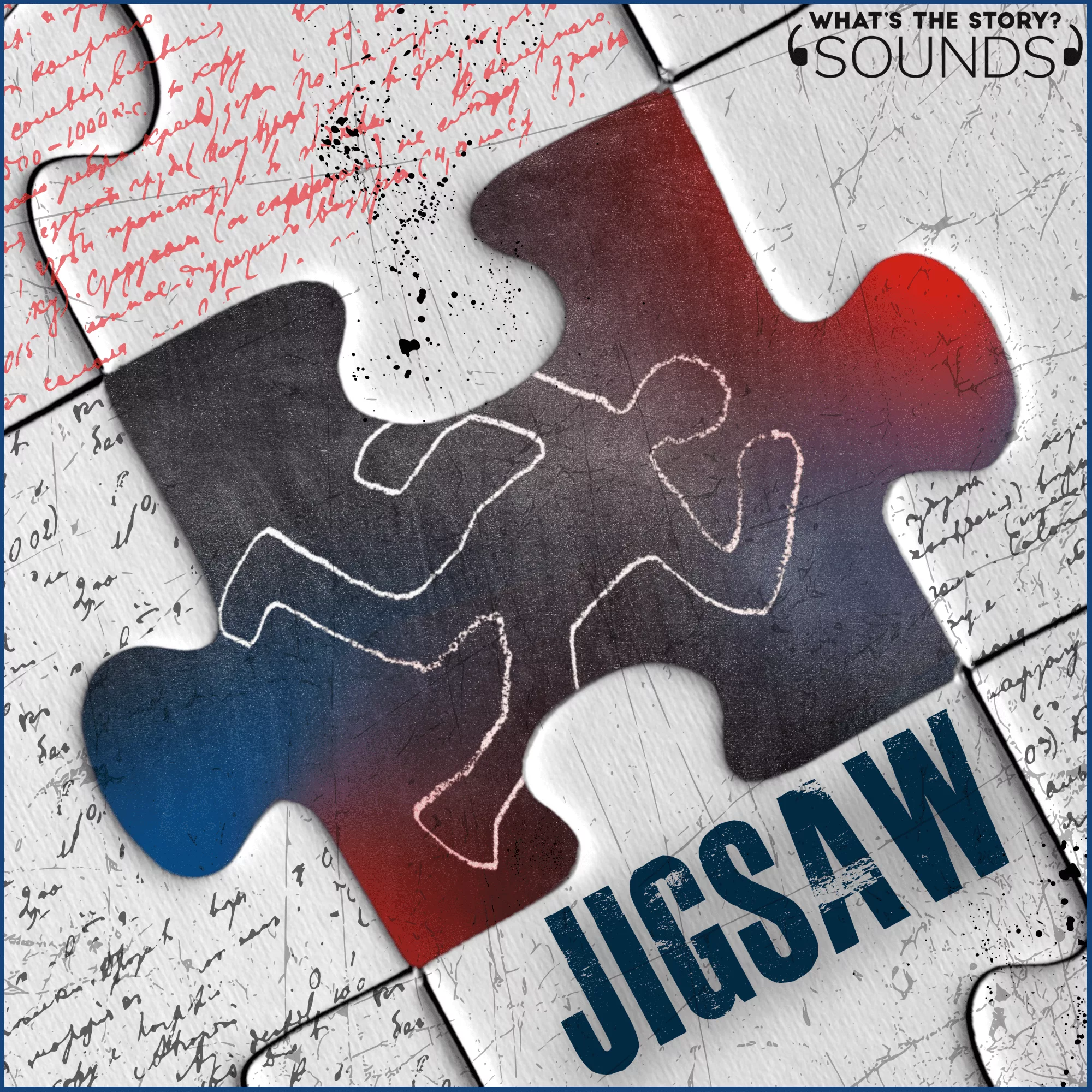 Jigsaw pieces with the chalk cut out of a body and the Jigsaw graphic